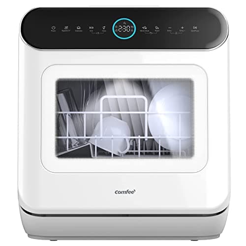 COMFEE Portable Countertop Dishwasher, 6L Water Tank, 7 Programs, UV Hygiene, White — Black&White