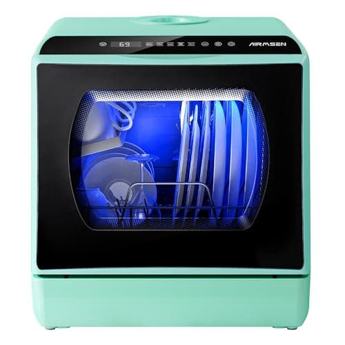 AIRMSEN Portable Countertop Dishwasher, 5 Programs, 5L Tank, Double-Layer Glass Door, No Hookup Needed — Green