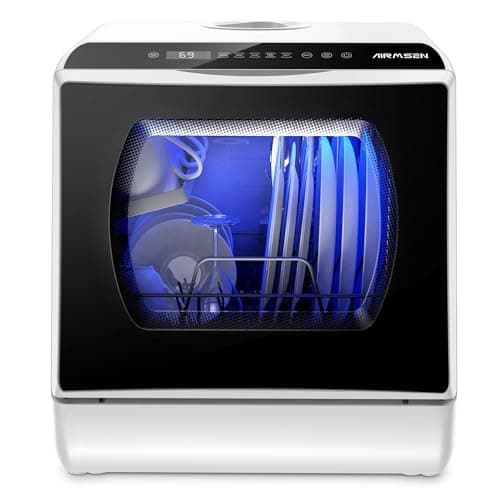 AIRMSEN Portable Countertop Dishwasher, 5 Programs, 5L Tank, Double-Layer Glass Door, No Hookup Needed