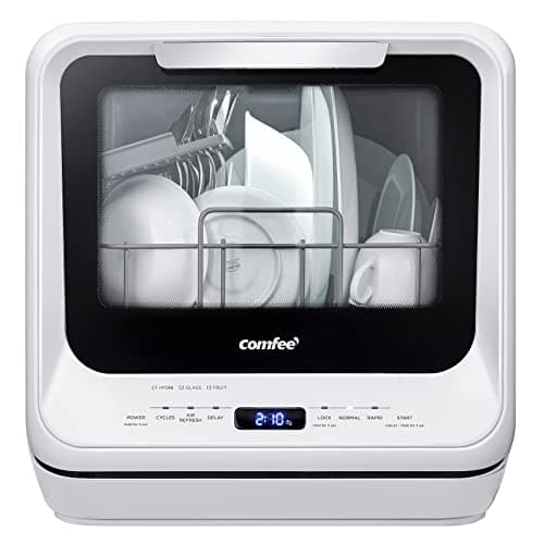 COMFEE Portable Countertop Dishwasher, 6L Water Tank, 7 Programs, UV Hygiene, White — White
