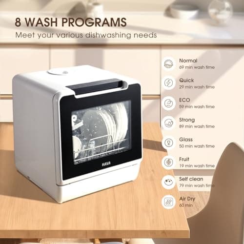 HAVA Portable Dishwasher 8 Wash Programs Child Lock Delayed Start 5L Tank