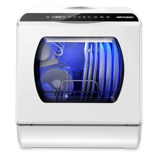 AIRMSEN Portable Countertop Dishwasher, 5 Programs, 5L Tank, Double-Layer Glass Door, No Hookup Needed — White