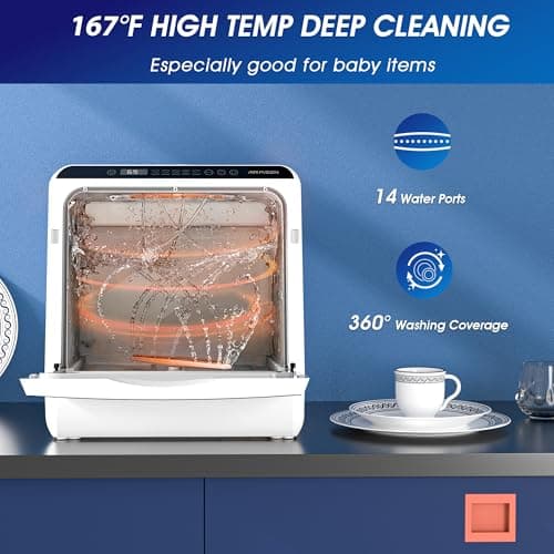 AIRMSEN Portable Countertop Dishwasher, 5 Programs, 5L Tank, Double-Layer Glass Door, No Hookup Needed