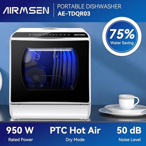 AIRMSEN Portable Countertop Dishwasher, 5 Programs, 5L Tank, Double-Layer Glass Door, No Hookup Needed