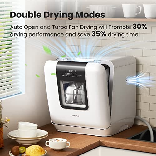 COMFEE Portable Countertop Dishwasher, 6L Water Tank, 7 Programs, UV Hygiene, White