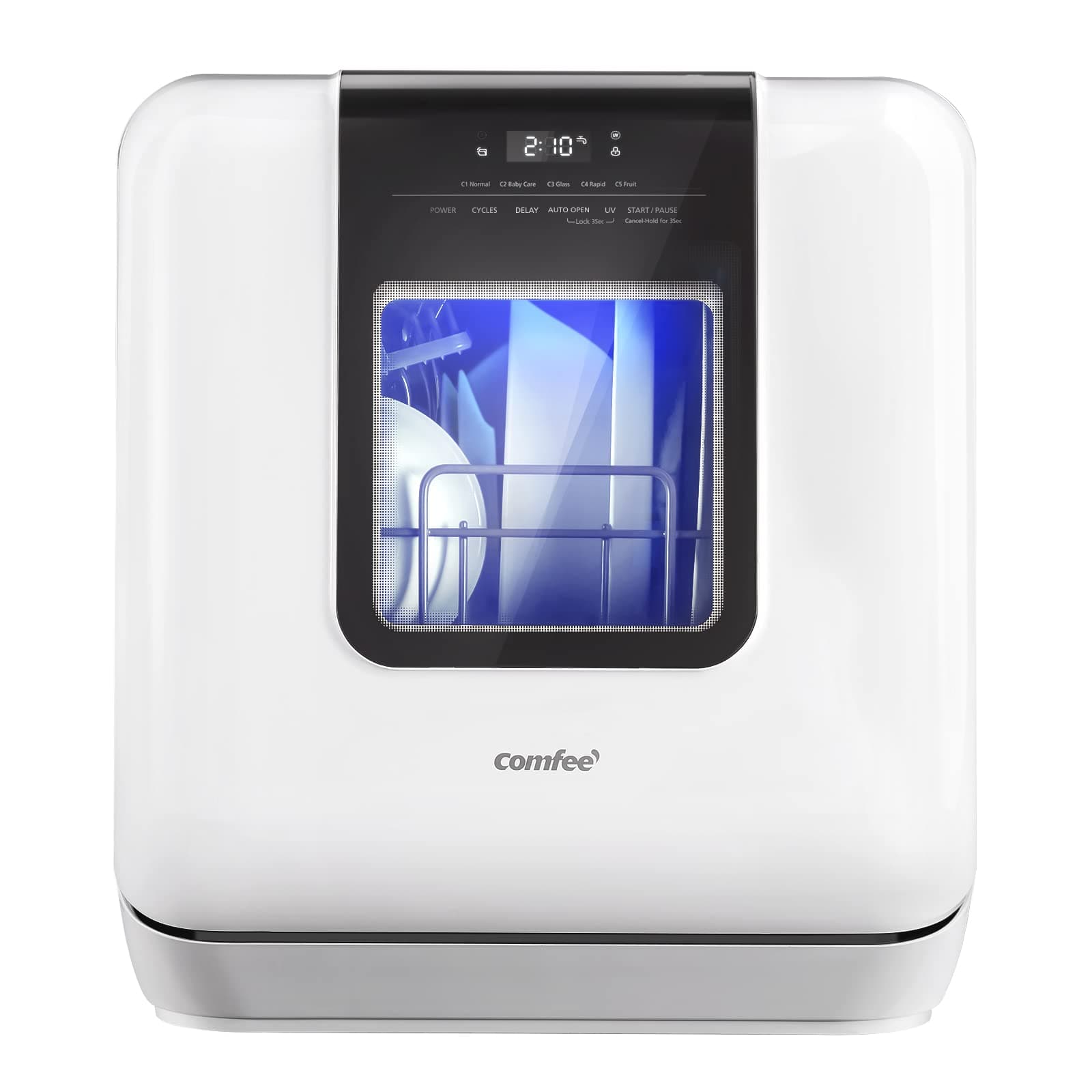 COMFEE Portable Countertop Dishwasher, 6L Water Tank, 7 Programs, UV Hygiene, White